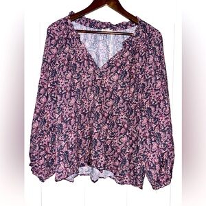 Faherty Portia  Fiona Block Print V-Neck Long Sleeve Blouse Women XL NEW  Dainty